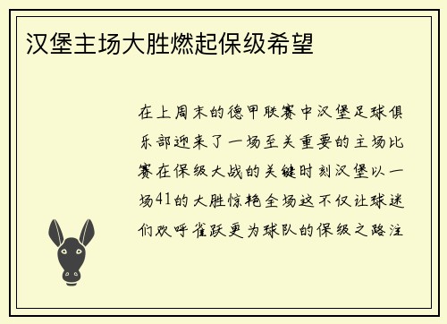 汉堡主场大胜燃起保级希望
