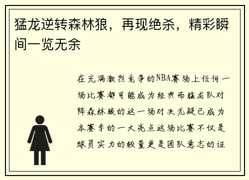 猛龙逆转森林狼，再现绝杀，精彩瞬间一览无余